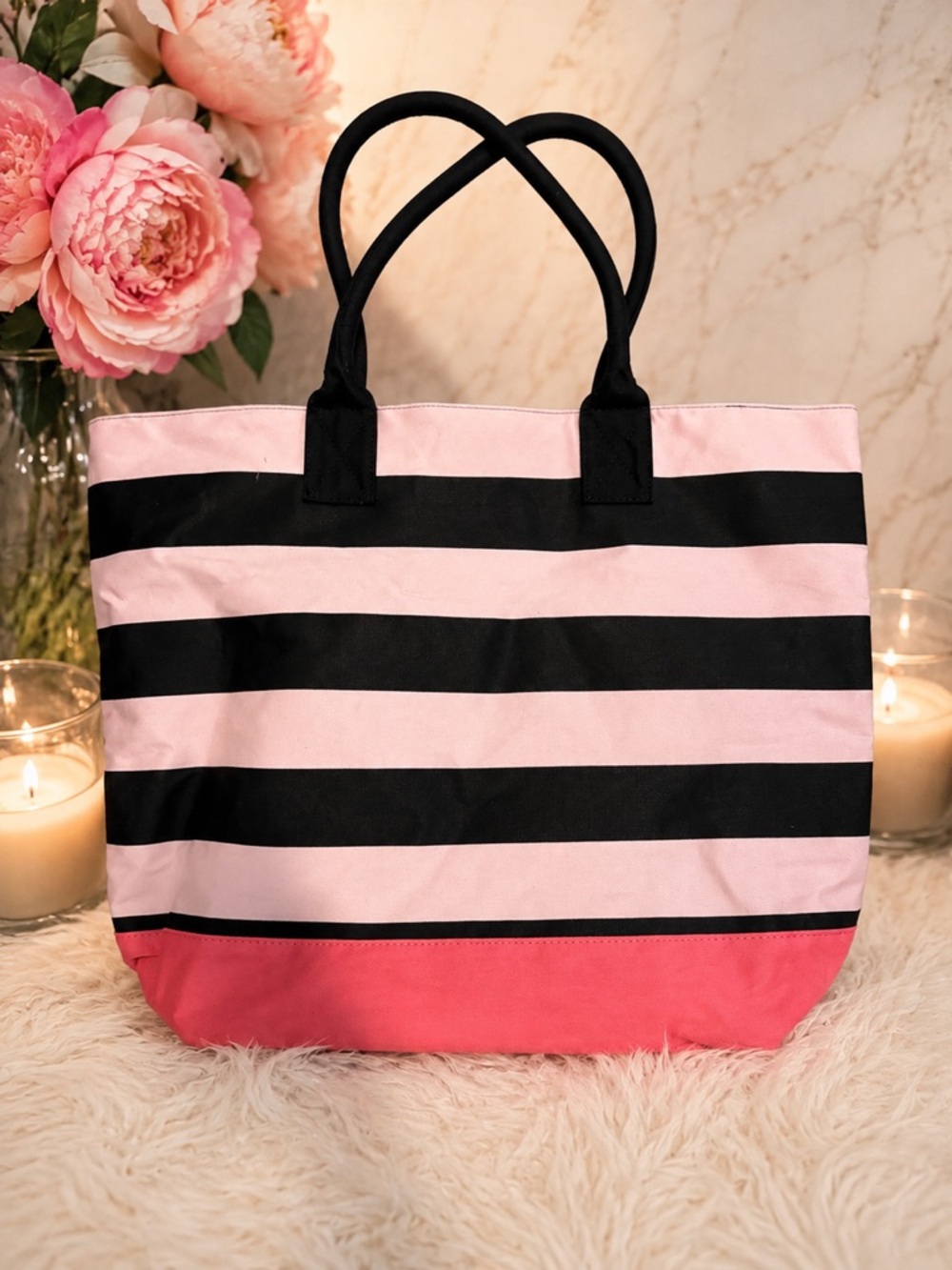 Victoria’s Secret Pink Black Striped Tote Bag Large Carryall Beach Y2K - Picture 3 of 5